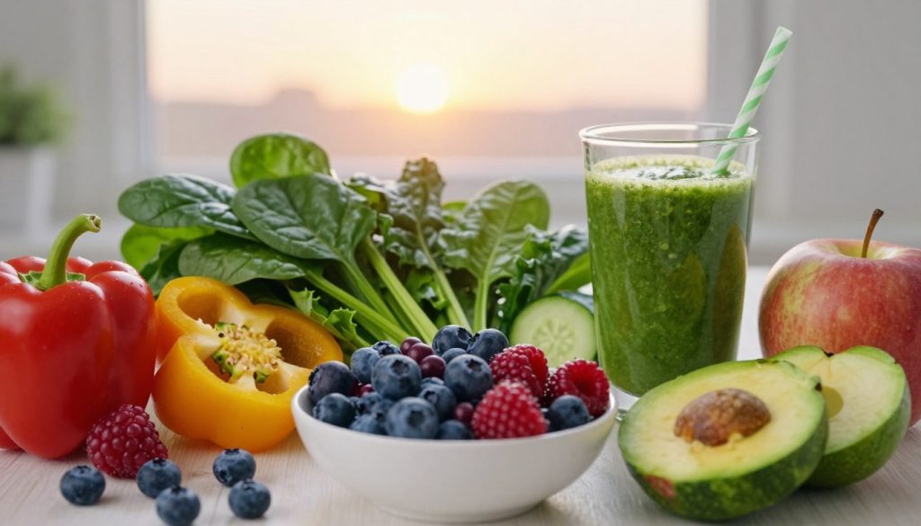 A beautifully arranged flat lay featuring a variety of vibrant, nutrient-rich foods that promote glowing skin. In the foreground, showcase a bowl of mixed berries, slices of avocado, and colorful bell peppers, all rich in antioxidants and vitamins. In the middle, add leafy greens like spinach and kale, complemented by a small glass of fresh green smoothie made of spinach, cucumber, and apple. In the background, softly blurred, include a gentle sunrise peeking through a window, casting warm light that enhances the colors of the foods. The mood is fresh and rejuvenating, evoking a sense of health and vitality, perfect for promoting luminous skin. The image should capture a serene atmosphere with natural lighting, focusing on the beauty of healthy eating.