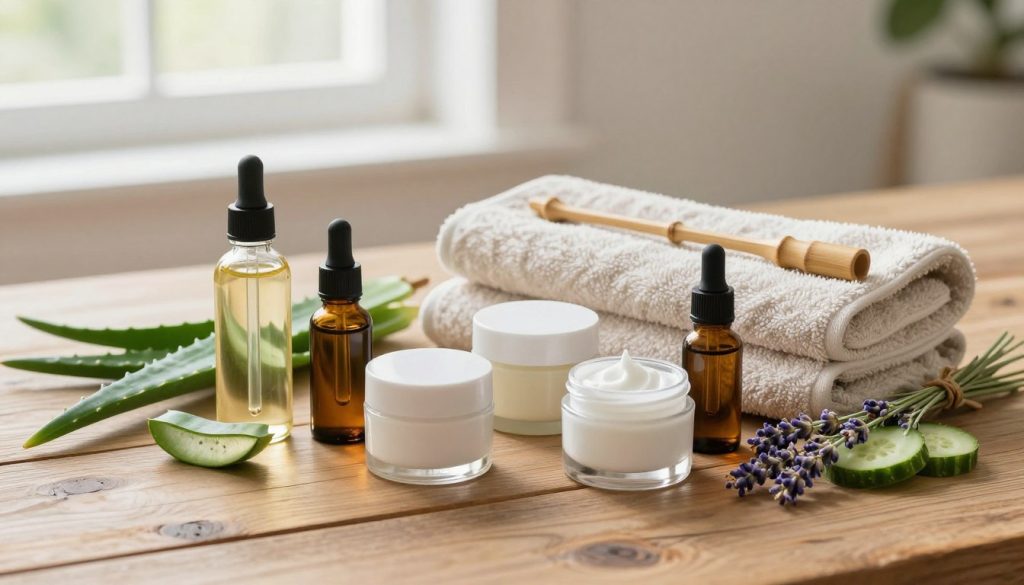 A beautifully arranged flat lay of natural skincare products on a rustic wooden table. In the foreground, showcase an assortment of organic face oils, herbal creams, and essential oils in glass bottles with droppers. Surround the products with fresh ingredients like aloe vera leaves, lavender sprigs, and slices of cucumber. In the middle, integrate a few elegant, light-colored towels and bamboo implements, reflecting a minimalistic and eco-friendly aesthetic. The background features soft, diffused natural lighting coming from a nearby window, casting gentle shadows that enhance the textures of the materials. The overall mood is calming and peaceful, suggesting a connection to nature and holistic wellness, suitable for holistic beauty enthusiasts.