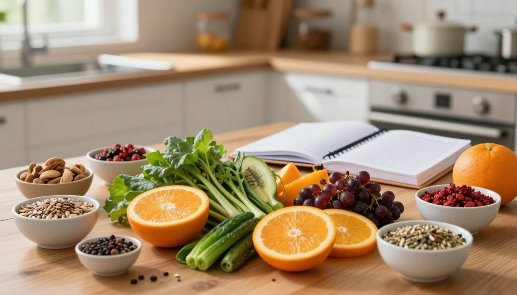 A beautifully arranged meal plan showcasing a variety of colorful, nourishing foods designed for radiant skin. In the foreground, a vibrant spread of fresh fruits and vegetables, including bright oranges, deep greens, and rich reds, elegantly placed on a wooden table. Surrounding the meal plan, small bowls filled with nuts, seeds, and superfoods to enhance glowing skin, creating a balanced composition. In the middle ground, a soft focus on a stylish planner or notebook alongside the meal, suggesting a well-thought-out approach to nutrition. The background features a softly lit kitchen with natural light streaming in, evoking a warm, inviting atmosphere. The mood is uplifting and health-focused, capturing the essence of a holistic diet aimed at beauty through nutrition.
