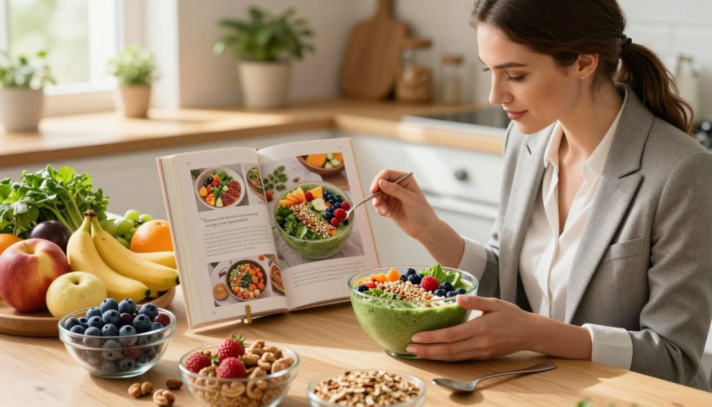 A beautifully arranged table filled with vibrant, fresh fruits, vegetables, nuts, and whole grains, symbolizing a personal nutrition strategy for beauty. In the foreground, an elegant woman in professional business attire examines a colorful smoothie bowl, showcasing a mix of berries, seeds, and leafy greens. The middle ground features an attractive, organic-style recipe book with images of nutritious dishes, elegantly placed next to the smoothie bowl. The background is softly illuminated, with warm, natural lighting creating a cozy atmosphere, highlighting a peaceful kitchen environment adorned with potted herbs and gentle sunlight filtering through a window. The overall mood conveys health, vitality, and balanced beauty through nutritious choices.