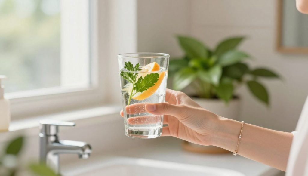 A serene and inviting bathroom setting showcasing a glass of sparkling water filled with fresh fruits and herbs, symbolizing hydration for vibrant skin. In the foreground, a delicate hand gently reaches for the glass, adorned with a simple, elegant bracelet, reflecting a commitment to self-care. The middle ground features an open window with soft, natural light streaming in, enhancing the brightness of the scene. A lush green plant sits on the bathroom counter, adding a touch of nature and life. In the background, light pastel colors create a calm and tranquil atmosphere. The overall mood is refreshing and rejuvenating, suggesting the essence of hydration as the key to a radiant glow. Focus using a soft lens filter to provide a warm, ethereal quality.