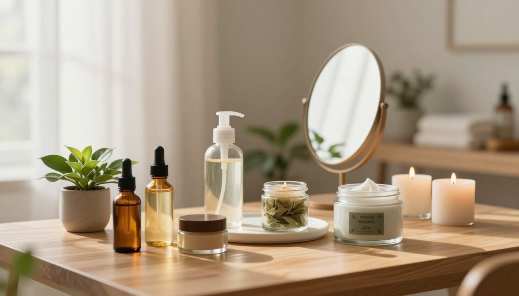 A serene and inviting skincare setup situated on a soft, wooden table. In the foreground, a beautifully arranged selection of holistic skincare products, including organic oils, herbal infusions, and natural face masks in elegant glass containers. Fresh green plants and aromatic candles provide a calming touch, emphasizing wellness. The middle ground features a minimalist mirror reflecting soft, diffused sunlight filtering through sheer curtains, creating a warm and tranquil ambiance. In the background, a softly blurred view of a cozy spa-like room with calming colors and gentle textures, evoking relaxation and self-care. The overall mood is peaceful, promoting feelings of connection to nature and holistic health practices, captured with a soft focus and gentle lighting to enhance the soothing environment.
