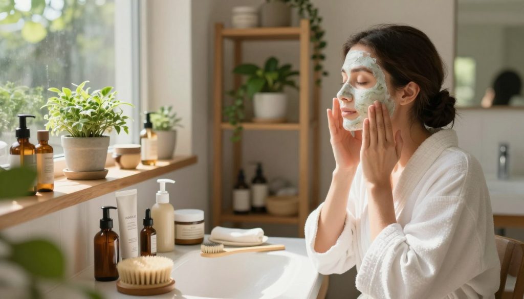 A serene bathroom setting, showcasing a holistic beauty routine. In the foreground, a woman in a modest white robe is applying a natural face mask, surrounded by eco-friendly beauty products like essential oils, bamboo brushes, and biodegradable packaging. The middle ground features a wooden shelf filled with potted plants, organic skincare items, and a large mirror reflecting the warm, natural lighting that fills the room. The background reveals soft greenery through a frosted window, creating an inviting, tranquil atmosphere. The scene is accented with gentle sunlight filtering in, casting soft, diffused shadows, highlighting the sense of natural beauty and wellness. The overall mood is calm and rejuvenating, inviting viewers to embrace a sustainable approach to beauty.