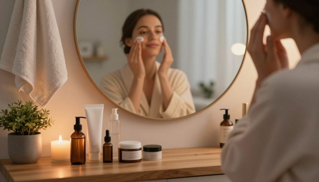 A serene evening skincare ritual set in a softly lit bathroom. In the foreground, a stylish wooden countertop holds an array of skincare products: creams, serums, and essential oils, elegantly arranged beside a flickering candle and a small potted plant. In the middle, a person with a peaceful demeanor, dressed in a modest, light-colored robe, gently applies a soothing cream to their face, their reflection visible in a round mirror. The background features warm, ambient lighting, echoing the natural hues of twilight, with soft towels hanging and a calming atmosphere that evokes relaxation and self-care. Utilize a gentle bokeh effect to blur the edges, enhancing the focus on the skincare process, capturing the essence of tranquility and ritual. A serene evening skincare ritual set in a softly lit bathroom. In the foreground, a stylish wooden countertop holds an array of skincare products: creams, serums, and essential oils, elegantly arranged beside a flickering candle and a small potted plant. In the middle, a person with a peaceful demeanor, dressed in a modest, light-colored robe, gently applies a soothing cream to their face, their reflection visible in a round mirror. The background features warm, ambient lighting, echoing the natural hues of twilight, with soft towels hanging and a calming atmosphere that evokes relaxation and self-care. Utilize a gentle bokeh effect to blur the edges, enhancing the focus on the skincare process, capturing the essence of tranquility and ritual.