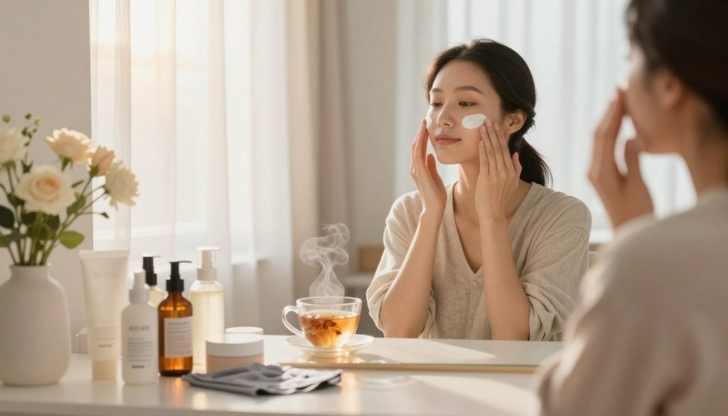 A serene morning scene showcasing a tranquil self-care beauty routine. In the foreground, a neatly arranged vanity table holds various skincare products, such as moisturizers, serums, and face masks, with soft, natural light illuminating the scene. A mirror reflects a calm space, adorned with fresh flowers and a steaming cup of herbal tea, enhancing the cozy atmosphere. In the middle, a woman dressed in modest casual attire, with an expression of peaceful focus, gently applies a moisturizer to her face. The background features a softly lit window with sheer curtains, allowing golden morning sunlight to diffuse into the room, creating a warm, inviting ambiance that promotes relaxation and self-love. The overall mood conveys tranquility, self-care, and a fresh start to the day. A serene morning scene showcasing a tranquil self-care beauty routine. In the foreground, a neatly arranged vanity table holds various skincare products, such as moisturizers, serums, and face masks, with soft, natural light illuminating the scene. A mirror reflects a calm space, adorned with fresh flowers and a steaming cup of herbal tea, enhancing the cozy atmosphere. In the middle, a woman dressed in modest casual attire, with an expression of peaceful focus, gently applies a moisturizer to her face. The background features a softly lit window with sheer curtains, allowing golden morning sunlight to diffuse into the room, creating a warm, inviting ambiance that promotes relaxation and self-love. The overall mood conveys tranquility, self-care, and a fresh start to the day.