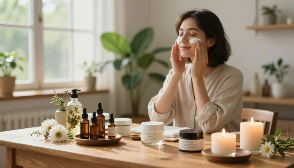 A serene morning scene showcasing holistic skincare practices. In the foreground, a beautifully arranged wooden table presents an array of natural skincare products, including essential oils, herbal infusions, and organic creams, surrounded by fresh flowers and calming candles. In the middle, a cozy, sunlit room features a person in modest casual clothing gently applying face cream with a serene expression, emphasizing self-care and mindfulness. The background reveals lush indoor plants and a large window with soft, natural light pouring in, creating a warm, inviting atmosphere. The overall mood is tranquil and rejuvenating, perfect for a self-care ritual, captured with a soft focus lens to enhance the feeling of calm. A serene morning scene showcasing holistic skincare practices. In the foreground, a beautifully arranged wooden table presents an array of natural skincare products, including essential oils, herbal infusions, and organic creams, surrounded by fresh flowers and calming candles. In the middle, a cozy, sunlit room features a person in modest casual clothing gently applying face cream with a serene expression, emphasizing self-care and mindfulness. The background reveals lush indoor plants and a large window with soft, natural light pouring in, creating a warm, inviting atmosphere. The overall mood is tranquil and rejuvenating, perfect for a self-care ritual, captured with a soft focus lens to enhance the feeling of calm.