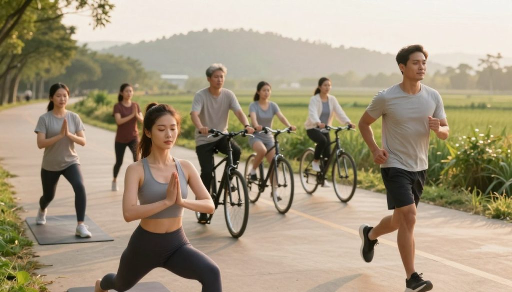 A serene outdoor scene showcasing a diverse group of individuals engaging in various forms of exercise, reflecting vitality and skin health. In the foreground, a young woman is practicing yoga, her skin glowing in the soft morning light, while nearby, a man jogs along a scenic path, both wearing modest, comfortable athletic clothing. The middle ground features others participating in activities like cycling and tai chi, each displaying healthy, radiant skin. In the background, lush greenery and gentle hills bathed in warm, golden sunlight create a calming atmosphere. The angle is slightly elevated, capturing the dynamic energy of exercise while maintaining an overall sense of tranquility and well-being. The mood conveys positivity, vitality, and a commitment to lifestyle choices that promote healthy skin.