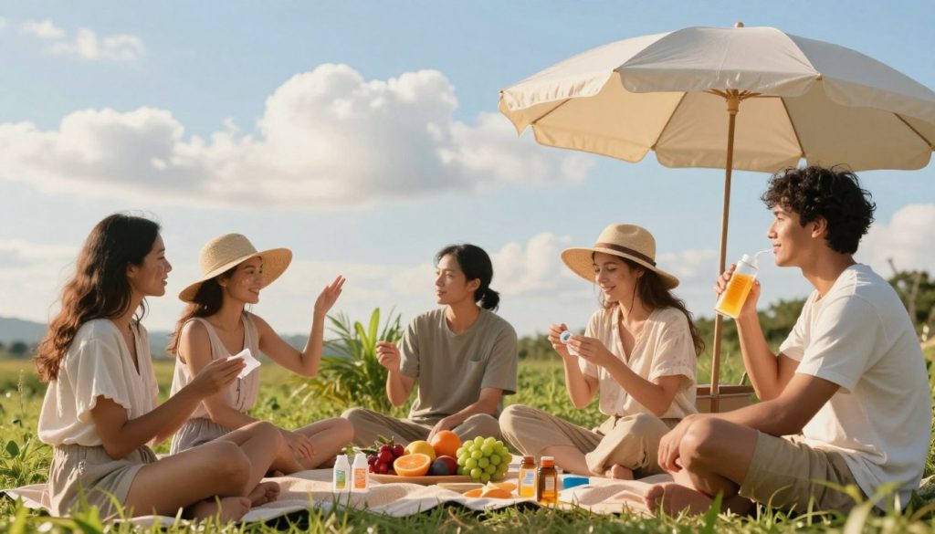 A serene outdoor scene showcasing sun protection habits. In the foreground, a diverse group of individuals, dressed in modest casual clothing, are engaging in sun-safe practices: one is applying broad-spectrum sunscreen, another is wearing a wide-brimmed hat, and a third is sipping a refreshing drink under a sun umbrella. In the middle ground, a picnic setup features an array of colorful fruits and shades of green plants that represent a healthy lifestyle. The background is a bright blue sky with soft, fluffy clouds, radiating warmth and positivity. The lighting is natural, emphasizing a golden hour glow that enhances the joy of outdoor living while promoting skin protection. The atmosphere is calm and inviting, encouraging viewers to adopt these sun protection habits.
