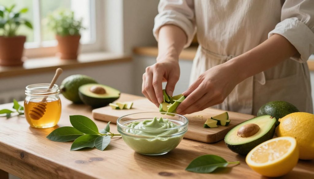 A serene setting featuring a well-lit, rustic wooden table adorned with a variety of colorful natural ingredients like honey, avocado, and fresh fruits. In the foreground, there is a glass bowl filled with a creamy green face mask, surrounded by fresh leaves. In the middle, a pair of hands gently mixing the ingredients, depicted in a professional but relaxed manner, showcasing modest clothing. The background is softly blurred, highlighting a cozy, sunlit kitchen with potted herbs on the windowsill. Warm, natural lighting bathes the scene, creating an inviting atmosphere that evokes a sense of health and vitality. The composition should feel harmonious and uplifting, emphasizing the concept of natural beauty and skin care.