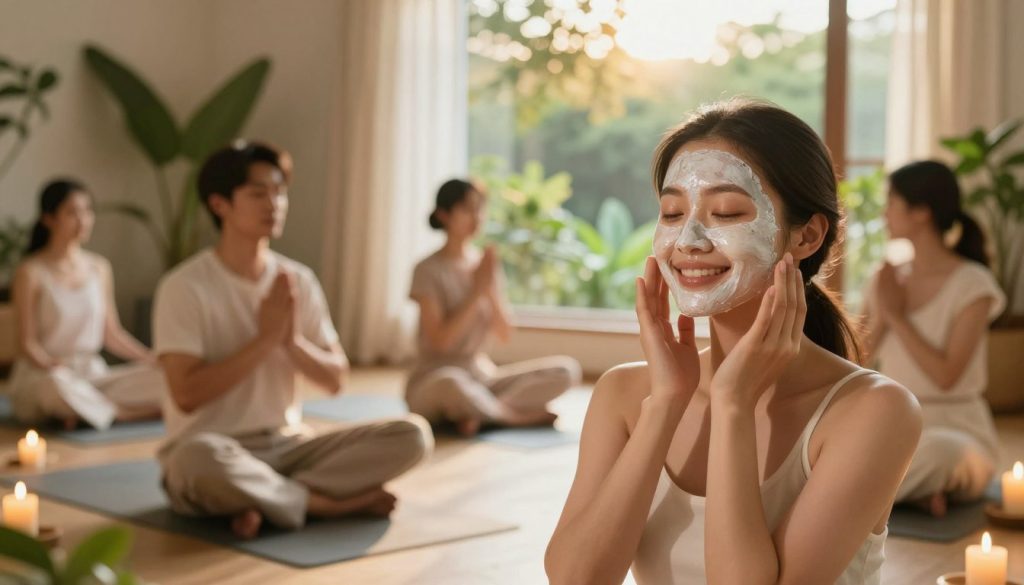 A serene spa setting with a soft, glowing ambiance featuring a diverse group of individuals engaged in healthy lifestyle habits. In the foreground, a young woman smiling radiantly while applying a natural face mask, her skin glowing softly in the gentle candlelight. In the middle ground, a male figure practicing yoga with an air of calm, surrounded by green plants that add freshness. In the background, a sun-drenched window reveals a view of a tranquil garden, with soft rays of golden sunlight filtering through sheer curtains. The scene captures a peaceful atmosphere emphasizing wellness, self-care, and harmony. Use soft lighting to create a warm and inviting mood, with a shallow depth of field to focus on the glowing skin while softly blurring the background.