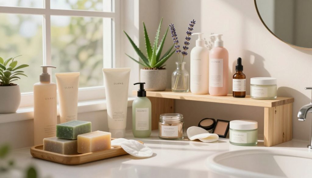A serene, well-organized beauty corner in a softly lit bathroom, featuring an array of non-toxic beauty products like organic shampoos, moisturizers in glass jars, and cruelty-free makeup items. In the foreground, a bamboo tray holds natural soaps and a few scattered organic cotton pads. The middle ground showcases a beautifully arranged shelf with plants like aloe vera and lavender that promote a holistic atmosphere, enhancing the beauty products' aesthetic. In the background, a large window filters warm, natural light, casting soft shadows that create a calm, inviting ambiance. The colors are soft pastels and earth tones, emphasizing a clean, eco-friendly vibe that resonates with the holistic beauty routine theme.