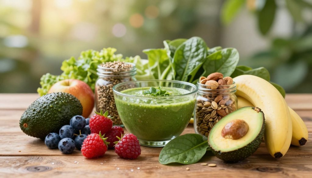 A vibrant display of colorful fruits and vegetables arranged artfully on a rustic wooden table, showcasing an assortment of nutrient-rich foods that promote glowing skin. In the foreground, fresh berries, avocados, and leafy greens glisten under soft, warm natural light, with droplets of water enhancing their freshness. In the middle ground, a delicate glass bowl filled with smoothie made from spinach and banana is surrounded by small jars of seeds and nuts that highlight essential fatty acids. The background features an elegant, blurred garden setting with soft bokeh effects, hinting at a peaceful, healthy lifestyle. The overall atmosphere is bright, inviting, and wholesome, conveying a sense of nourishment and vitality, without any text or branding, focusing purely on the beauty of nutritious foods.