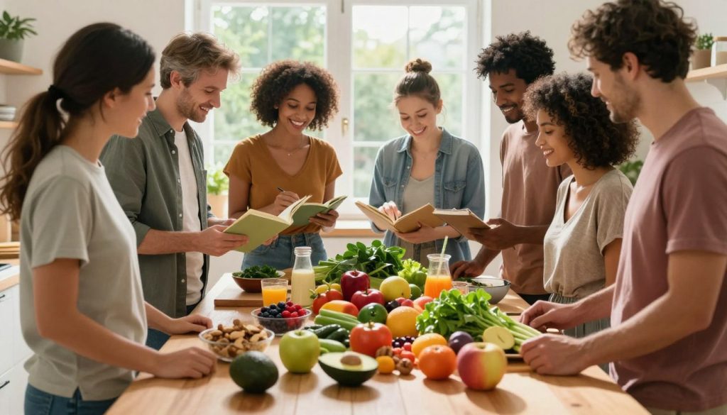 A vibrant kitchen scene showcasing a healthy skin diet, positioned in the foreground. A wooden table is adorned with an array of fresh, colorful fruits and vegetables, including avocados, berries, spinach, and nuts, highlighting their nutritional value. In the middle ground, a cheerful, diverse group of people in modest casual clothing actively discussing these foods, attentively examining recipes. The background features a sunlit window with greenery outside, creating an inviting and warm atmosphere. Soft natural lighting casts gentle shadows, emphasizing the freshness of the ingredients. Capture this scene from a slightly elevated angle, focusing on the interaction among the people, while ensuring a harmonious blend of colors that reflects health and vitality, evoking a sense of community and wellness.