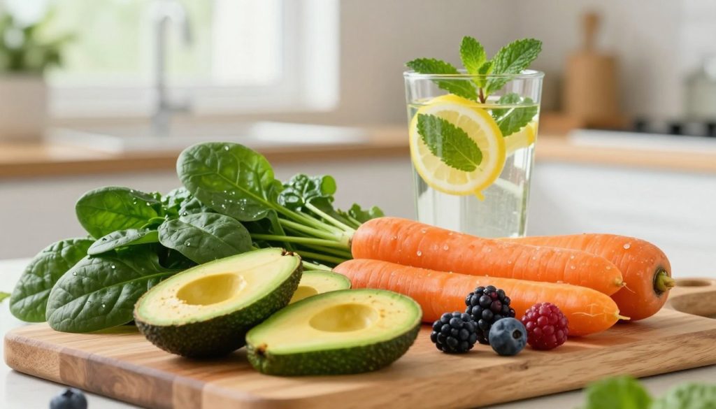 A vibrant, visually appealing arrangement of fresh, colorful fruits and vegetables, emphasizing their role in a healthy diet for skin. In the foreground, display a wooden cutting board with sliced avocados, bright orange carrots, deep green spinach, and luscious berries. In the middle ground, showcase a glass of clear water infused with lemon slices and mint leaves, symbolizing hydration. The background should feature a softly blurred kitchen setting with natural light streaming in through a window, enhancing the freshness of the ingredients. Use a warm, inviting color palette to evoke a sense of wellness and vitality. The overall atmosphere should feel nourishing and uplifting, ideal for promoting a skin-friendly diet.